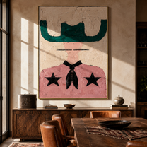 Green Brim Shields Stars - pink western figure painting by Elliot Vale, modern figurative vertical wall art - styled room scene view 1