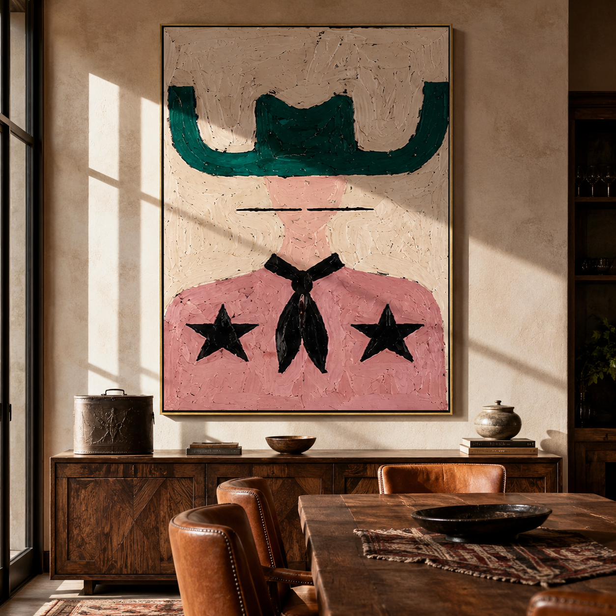 Green Brim Shields Stars - pink western figure painting by Elliot Vale, modern figurative vertical wall art - styled room scene view 1
