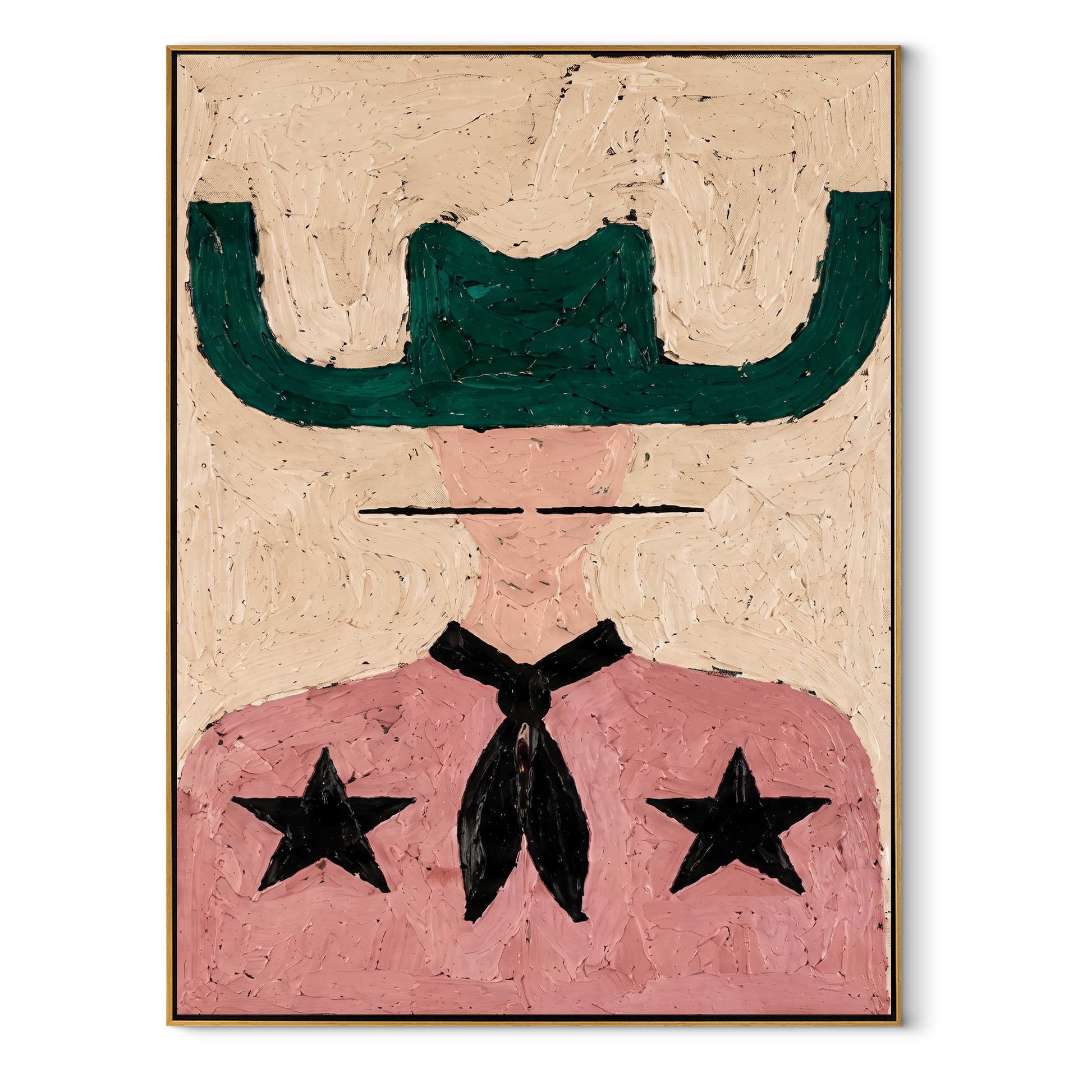 Green Brim Shields Stars - pink western figure painting by Elliot Vale, modern figurative vertical wall art - framed artwork on white background