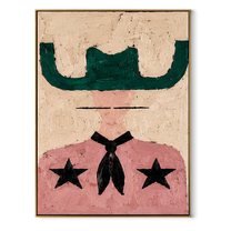 Green Brim Shields Stars - pink western figure painting by Elliot Vale, modern figurative vertical wall art - framed artwork on white background