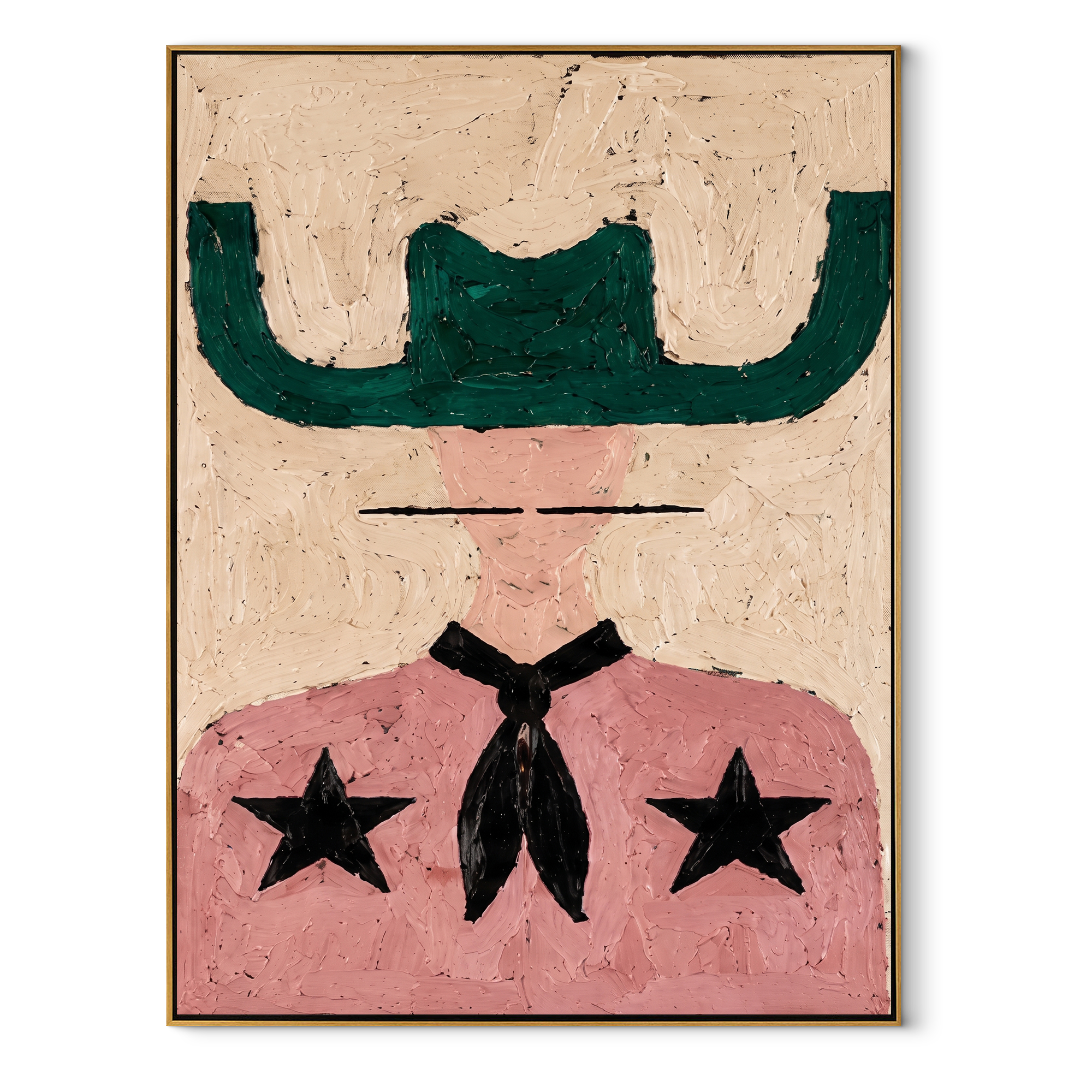 Green Brim Shields Stars - pink western figure painting by Elliot Vale, modern figurative vertical wall art - framed artwork on white background