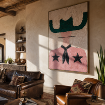 Green Brim Shields Stars - pink western figure painting by Elliot Vale, modern figurative vertical wall art - styled room scene view 2