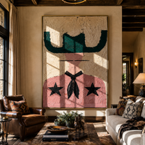 Green Brim Shields Stars - pink western figure painting by Elliot Vale, modern figurative vertical wall art - styled room scene view 3