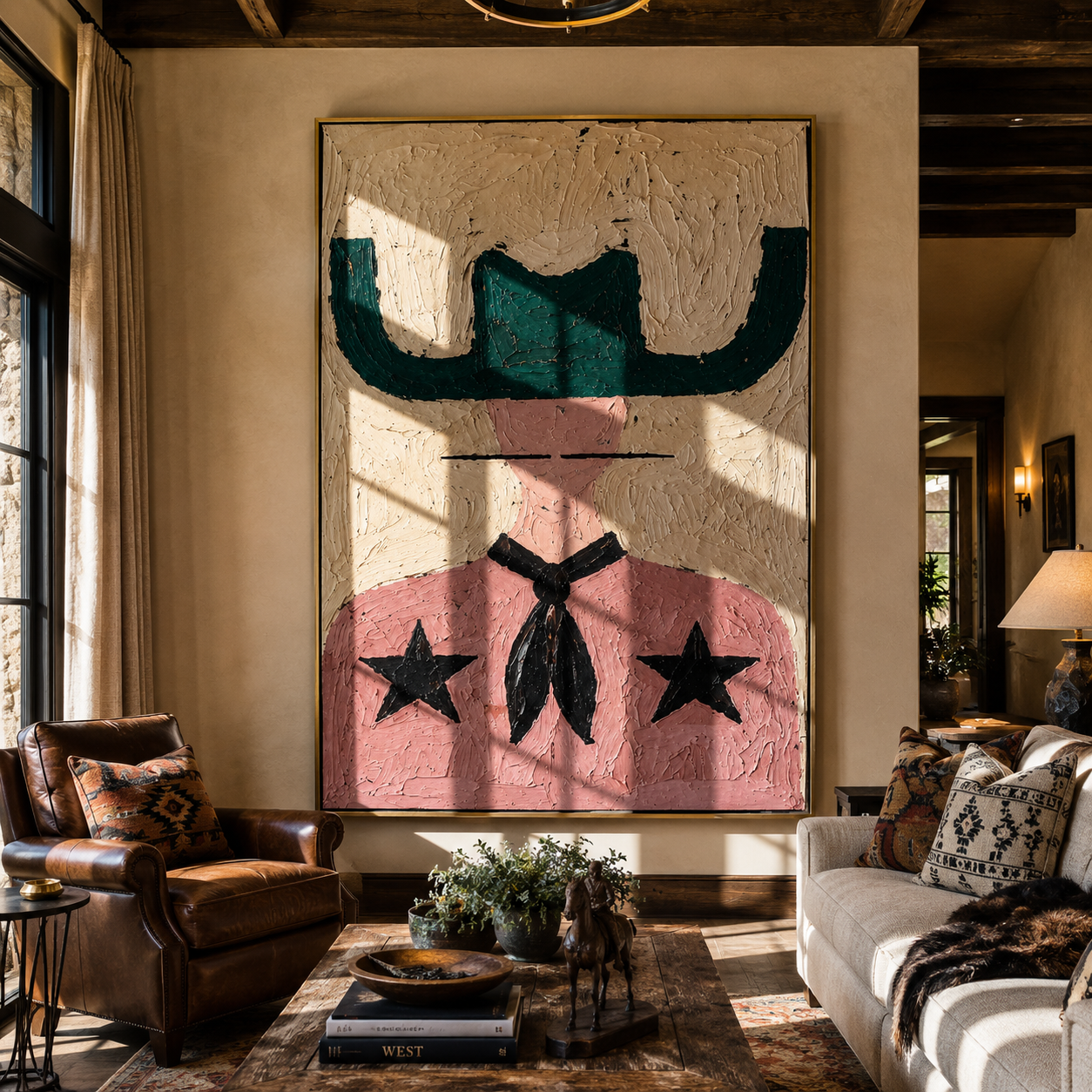 Green Brim Shields Stars - pink western figure painting by Elliot Vale, modern figurative vertical wall art - styled room scene view 3