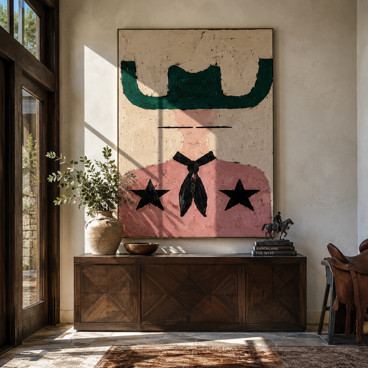 Green Brim Shields Stars - pink western figure painting by Elliot Vale, modern figurative vertical wall art - styled room scene view 4