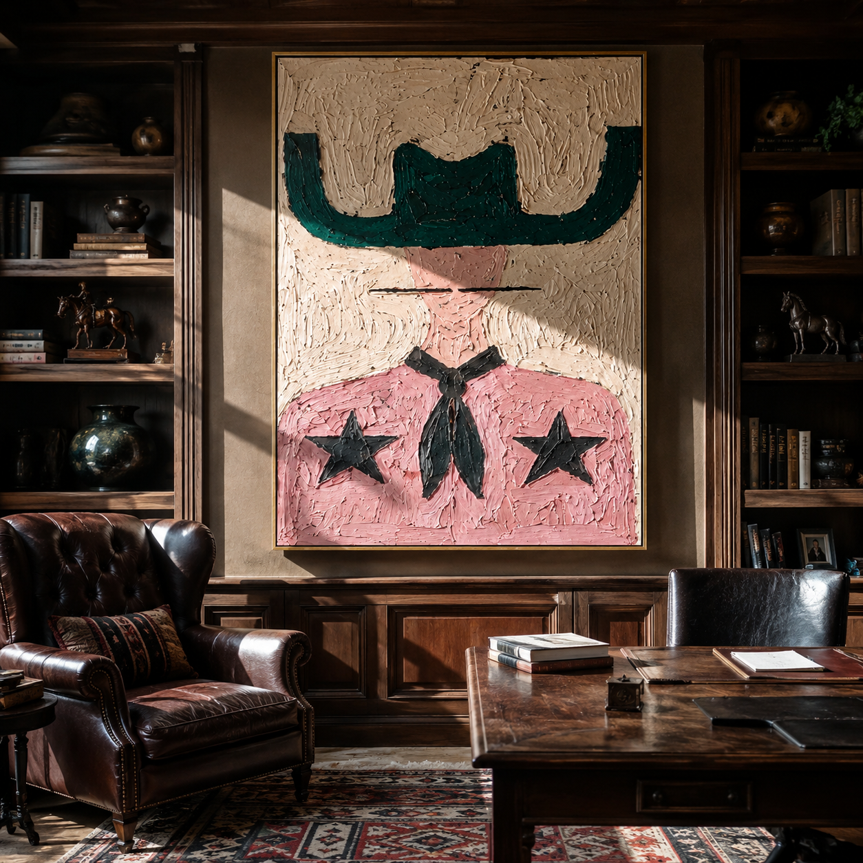 Green Brim Shields Stars - pink western figure painting by Elliot Vale, modern figurative vertical wall art - styled room scene view 5