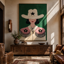Lone Star Frames Flowers - floral cowgirl portrait painting by Elliot Vale, modern figurative vertical wall art - styled room scene view 1