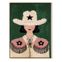 Lone Star Frames Flowers - floral cowgirl portrait painting by Elliot Vale, modern figurative vertical wall art - framed artwork on white background