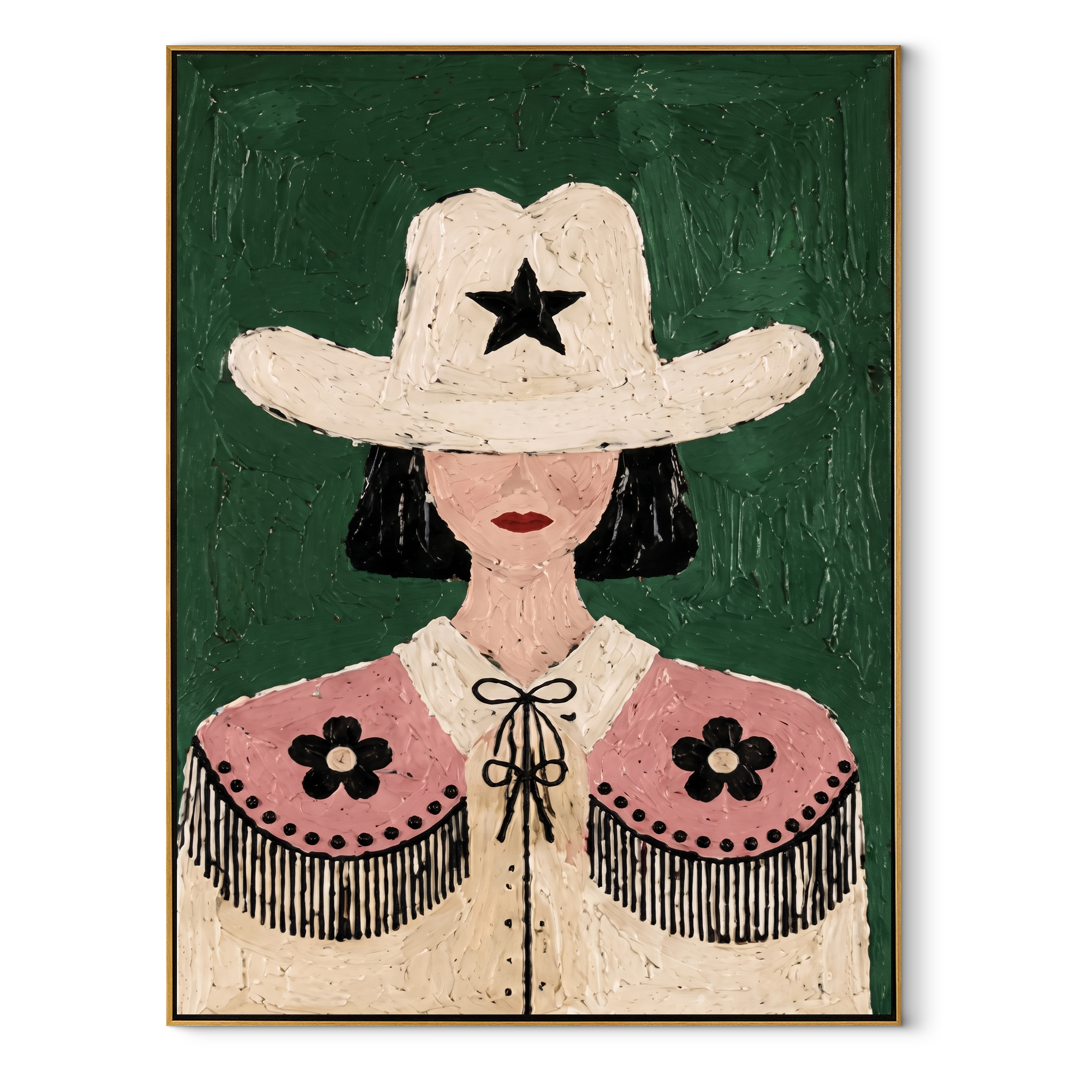 Lone Star Frames Flowers - floral cowgirl portrait painting by Elliot Vale, modern figurative vertical wall art - framed artwork on white background