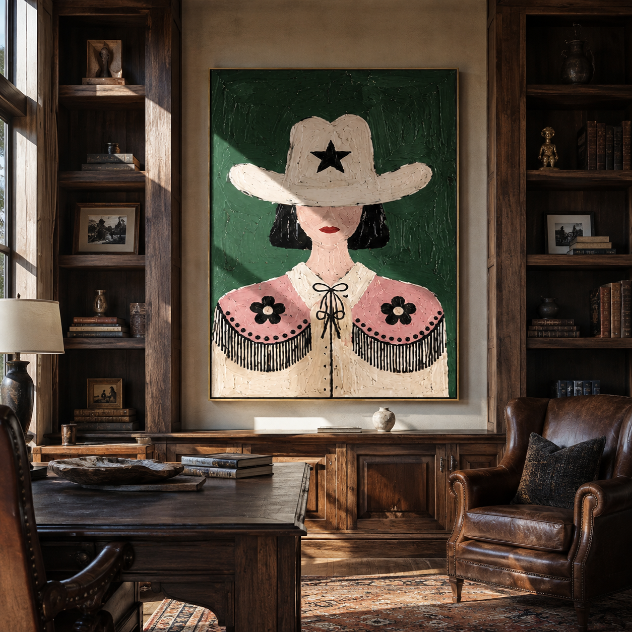 Lone Star Frames Flowers - floral cowgirl portrait painting by Elliot Vale, modern figurative vertical wall art - styled room scene view 2