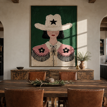 Lone Star Frames Flowers - floral cowgirl portrait painting by Elliot Vale, modern figurative vertical wall art - styled room scene view 3