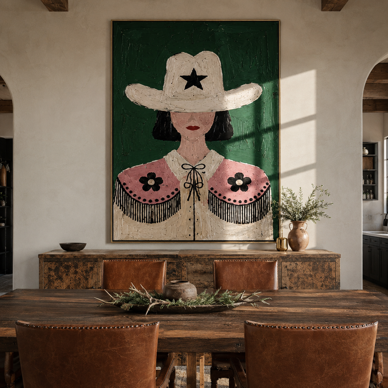 Lone Star Frames Flowers - floral cowgirl portrait painting by Elliot Vale, modern figurative vertical wall art - styled room scene view 3