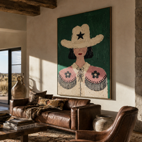 Lone Star Frames Flowers - floral cowgirl portrait painting by Elliot Vale, modern figurative vertical wall art - styled room scene view 4