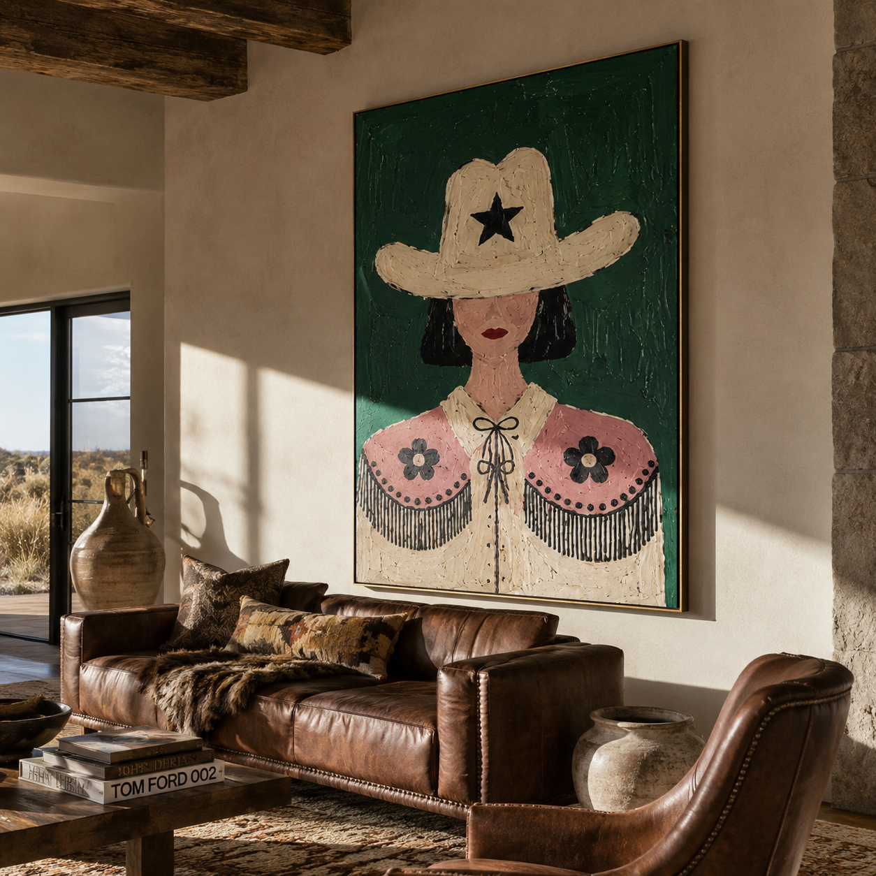 Lone Star Frames Flowers - floral cowgirl portrait painting by Elliot Vale, modern figurative vertical wall art - styled room scene view 4