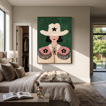 Lone Star Frames Flowers - floral cowgirl portrait painting by Elliot Vale, modern figurative vertical wall art - styled room scene view 5
