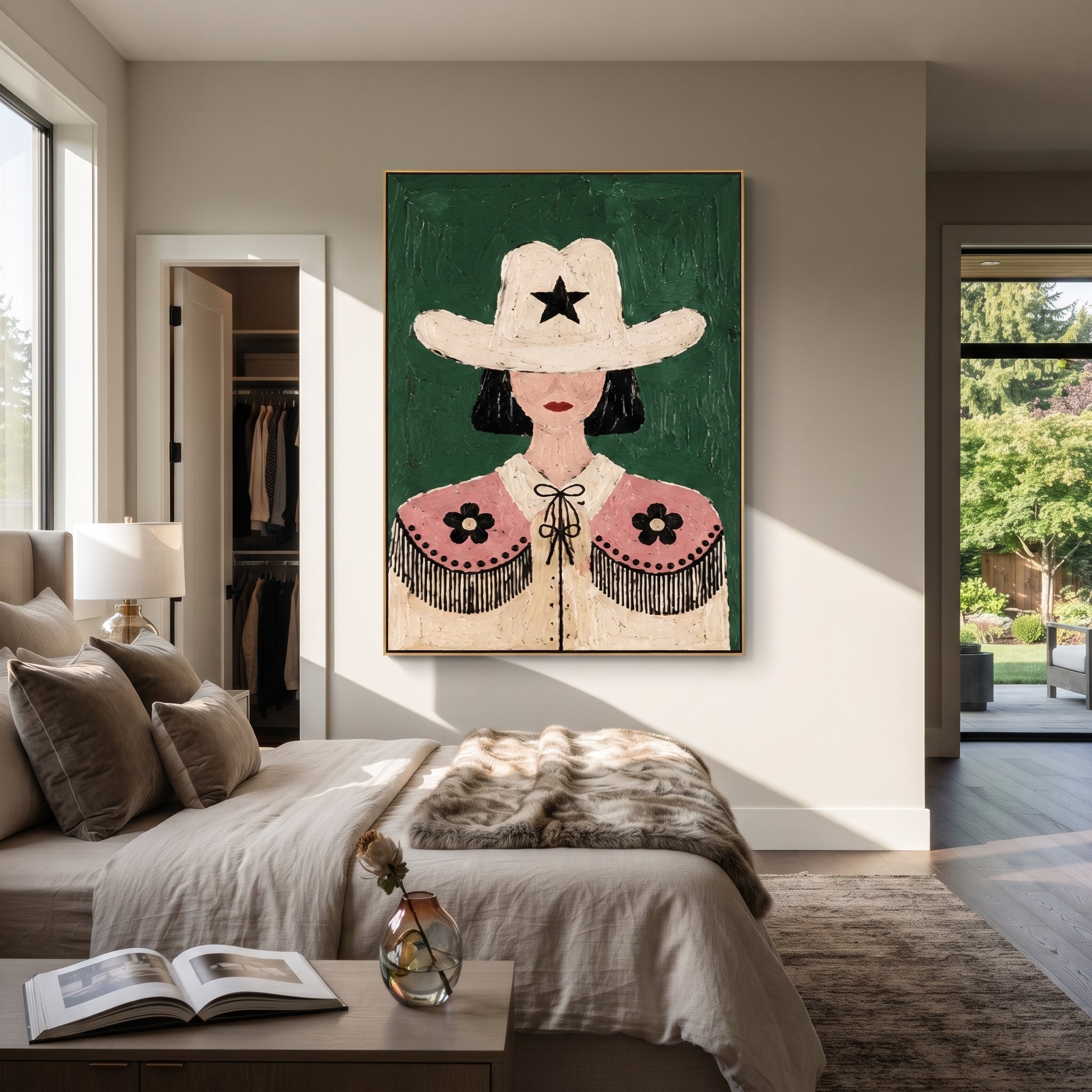 Lone Star Frames Flowers - floral cowgirl portrait painting by Elliot Vale, modern figurative vertical wall art - styled room scene view 5