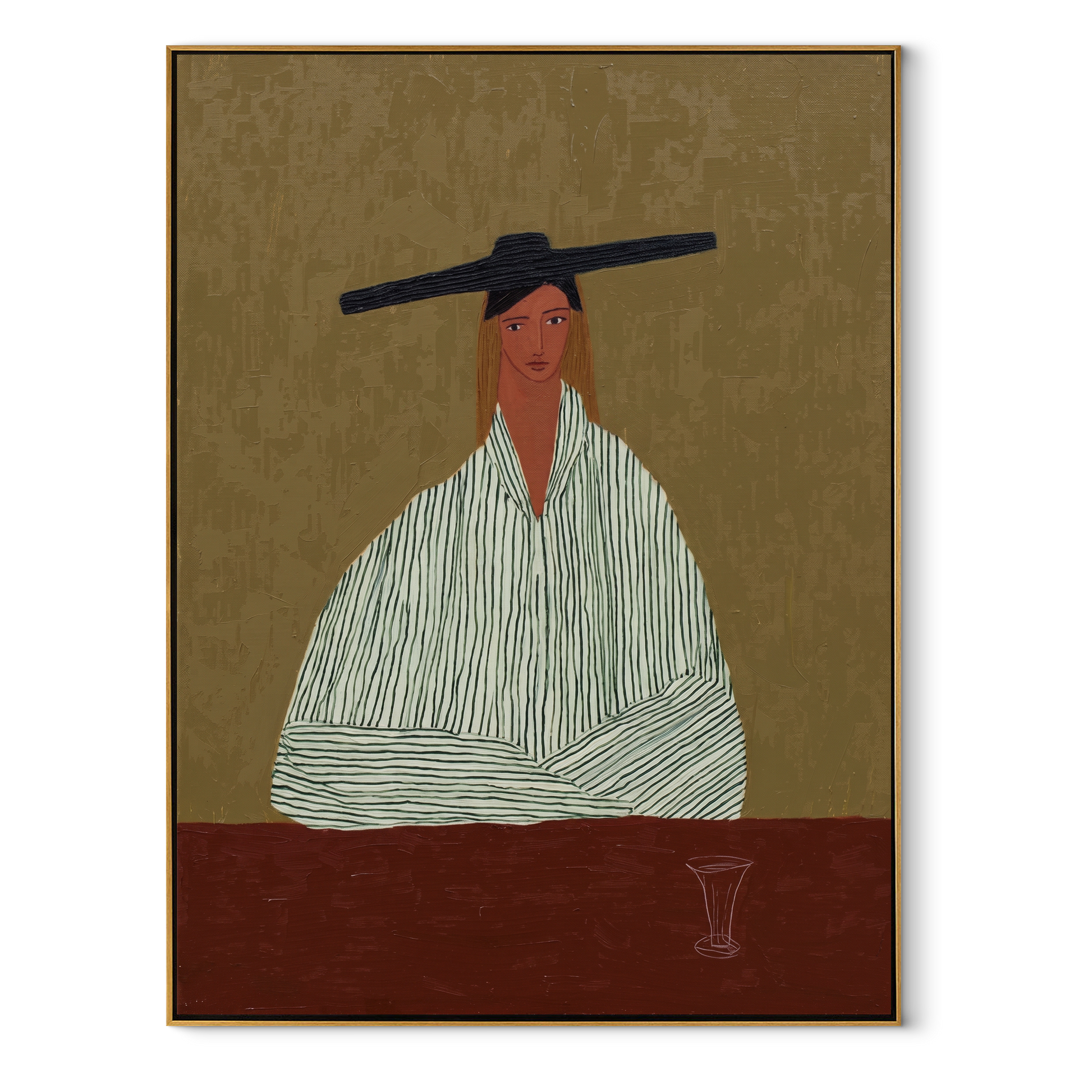 Black Bar Watches Wine - minimal striped woman painting by Elliot Vale, modern figurative vertical wall art - framed artwork on white background