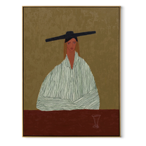 Black Bar Watches Wine - minimal striped woman painting by Elliot Vale, modern figurative vertical wall art - framed artwork on white background