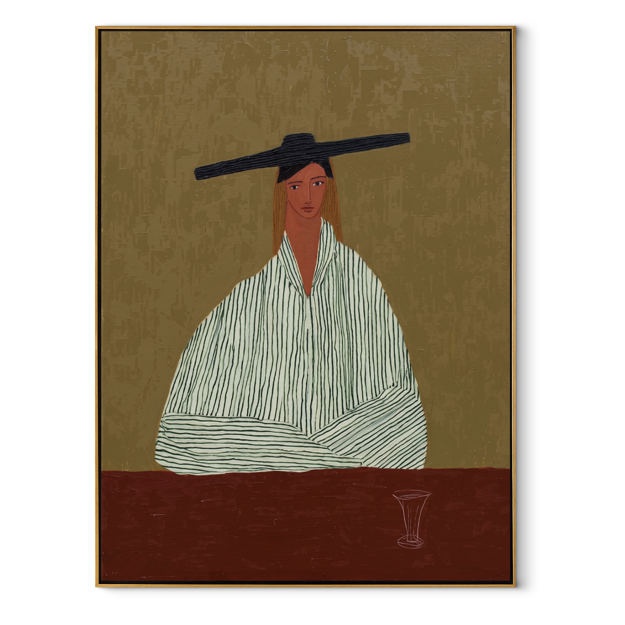 Black Bar Watches Wine - minimal striped woman painting by Elliot Vale, modern figurative vertical wall art - framed artwork on white background