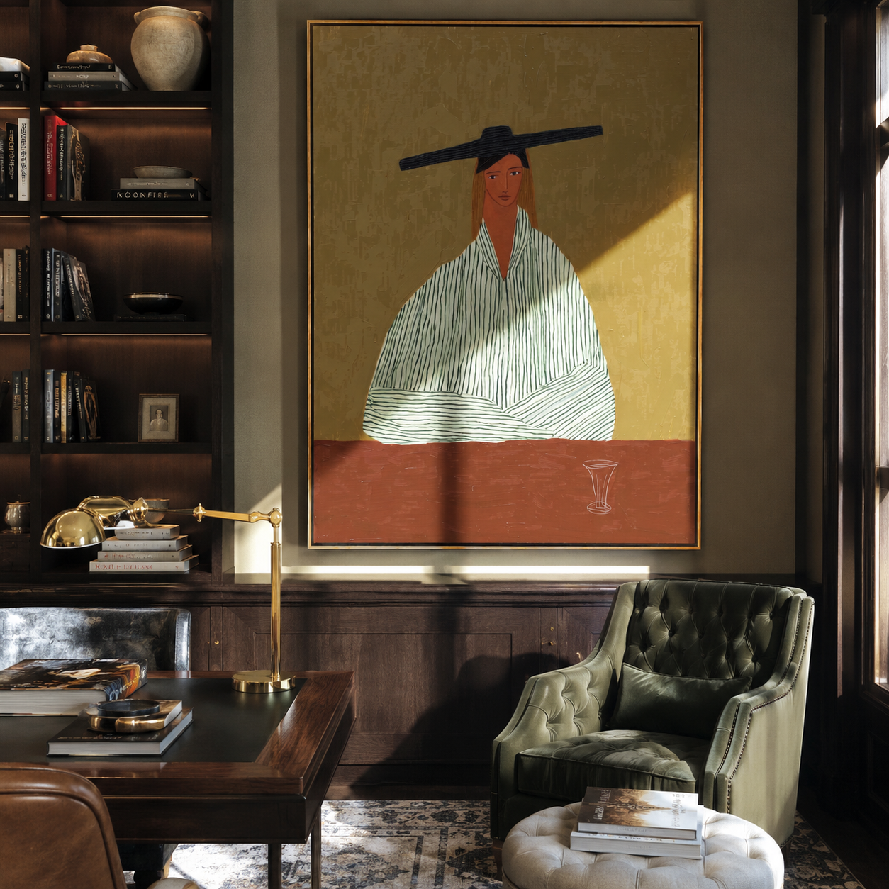Black Bar Watches Wine - minimal striped woman painting by Elliot Vale, modern figurative vertical wall art - styled room scene view 2
