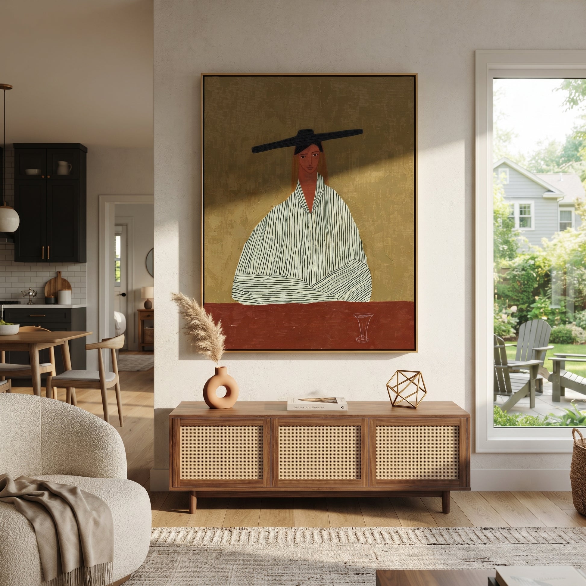 Black Bar Watches Wine - minimal striped woman painting by Elliot Vale, modern figurative vertical wall art - styled room scene view 3