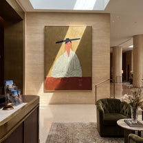 Black Bar Watches Wine - minimal striped woman painting by Elliot Vale, modern figurative vertical wall art - styled room scene view 4