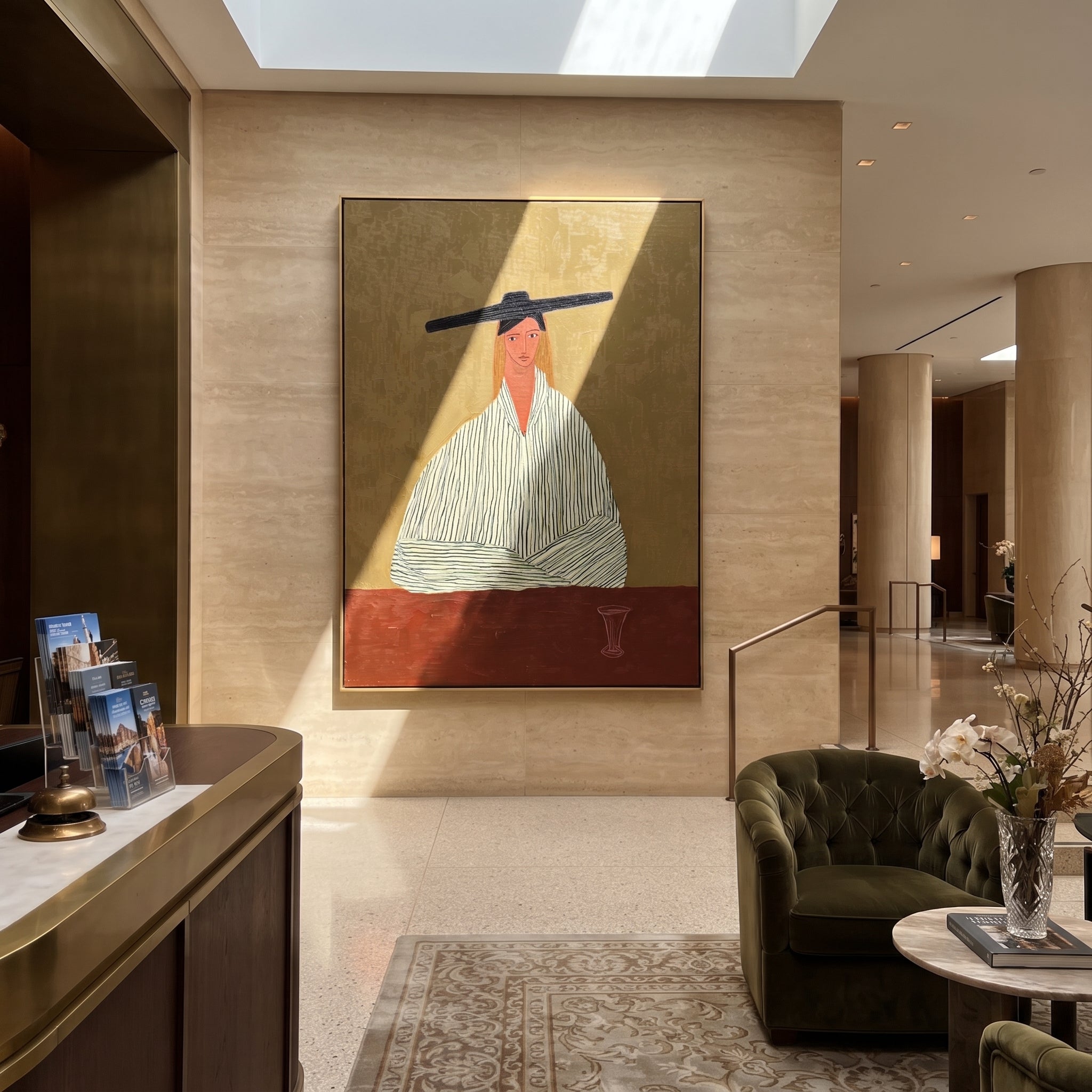 Black Bar Watches Wine - minimal striped woman painting by Elliot Vale, modern figurative vertical wall art - styled room scene view 4