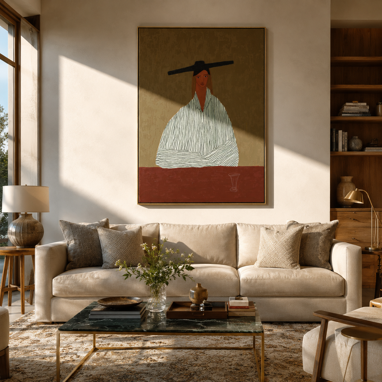 Black Bar Watches Wine - minimal striped woman painting by Elliot Vale, modern figurative vertical wall art - styled room scene view 5