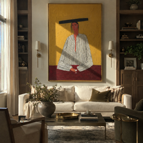Flat Brim Guards Merlot - minimal wine figure painting by Elliot Vale, modern figurative vertical wall art - styled room scene view 1