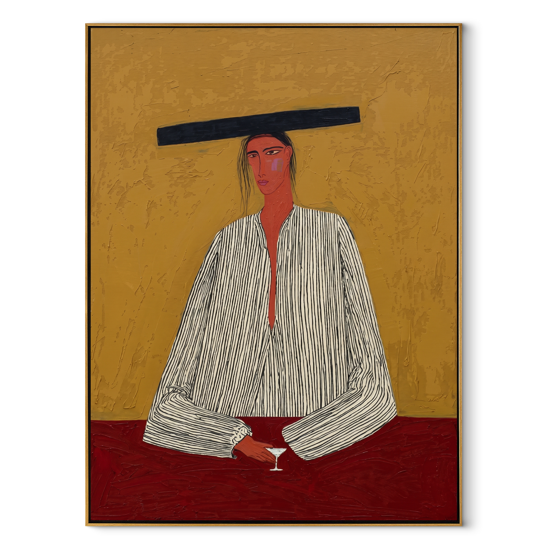 Flat Brim Guards Merlot - minimal wine figure painting by Elliot Vale, modern figurative vertical wall art - framed artwork on white background