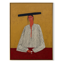 Flat Brim Guards Merlot - minimal wine figure painting by Elliot Vale, modern figurative vertical wall art - framed artwork on white background