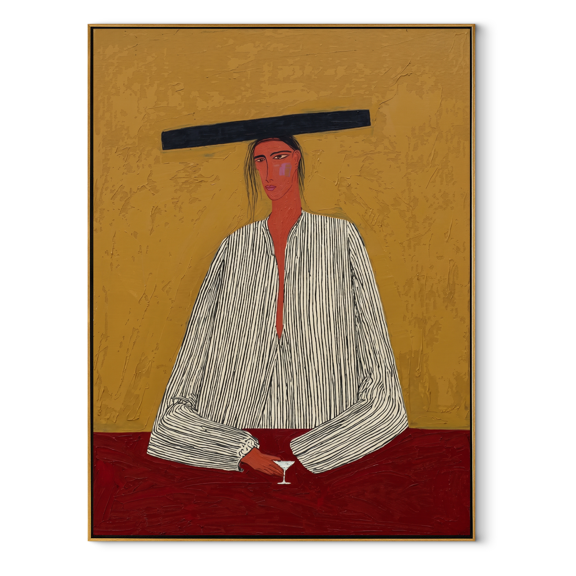 Flat Brim Guards Merlot - minimal wine figure painting by Elliot Vale, modern figurative vertical wall art - framed artwork on white background