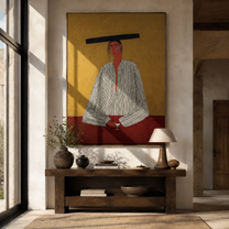 Flat Brim Guards Merlot - minimal wine figure painting by Elliot Vale, modern figurative vertical wall art - styled room scene view 2