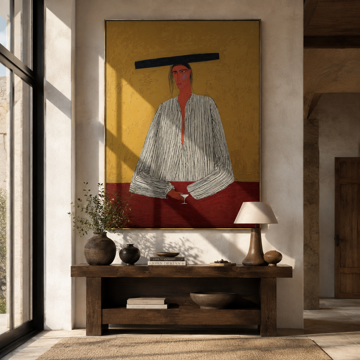 Flat Brim Guards Merlot - minimal wine figure painting by Elliot Vale, modern figurative vertical wall art - styled room scene view 2