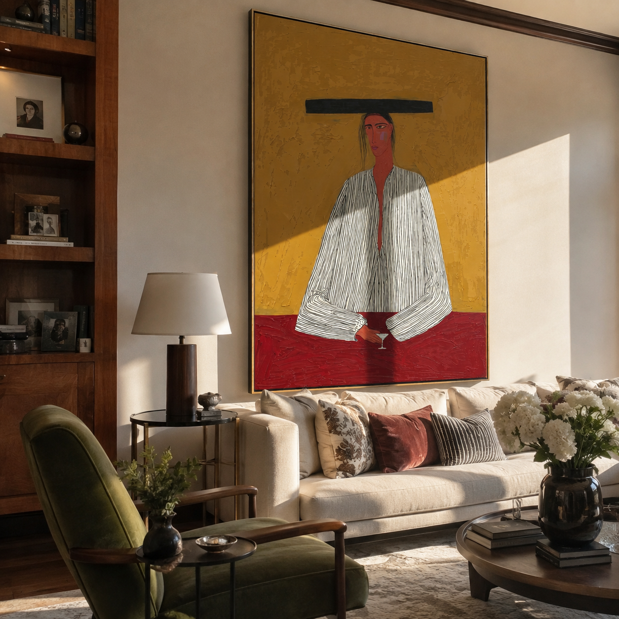 Flat Brim Guards Merlot - minimal wine figure painting by Elliot Vale, modern figurative vertical wall art - styled room scene view 3