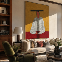 Flat Brim Guards Merlot - minimal wine figure painting by Elliot Vale, modern figurative vertical wall art - styled room scene view 3