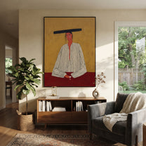 Flat Brim Guards Merlot - minimal wine figure painting by Elliot Vale, modern figurative vertical wall art - styled room scene view 4