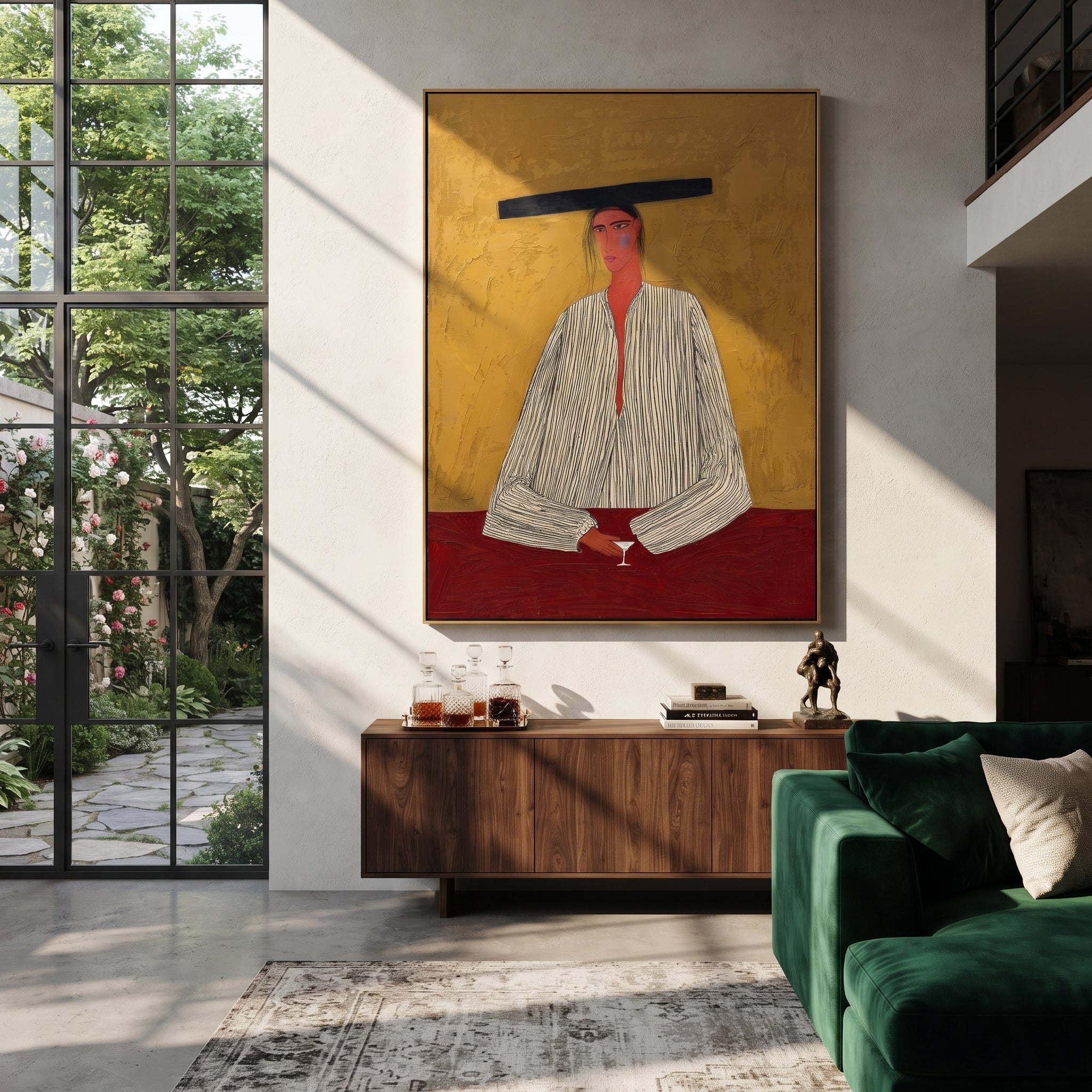 Flat Brim Guards Merlot - minimal wine figure painting by Elliot Vale, modern figurative vertical wall art - styled room scene view 5