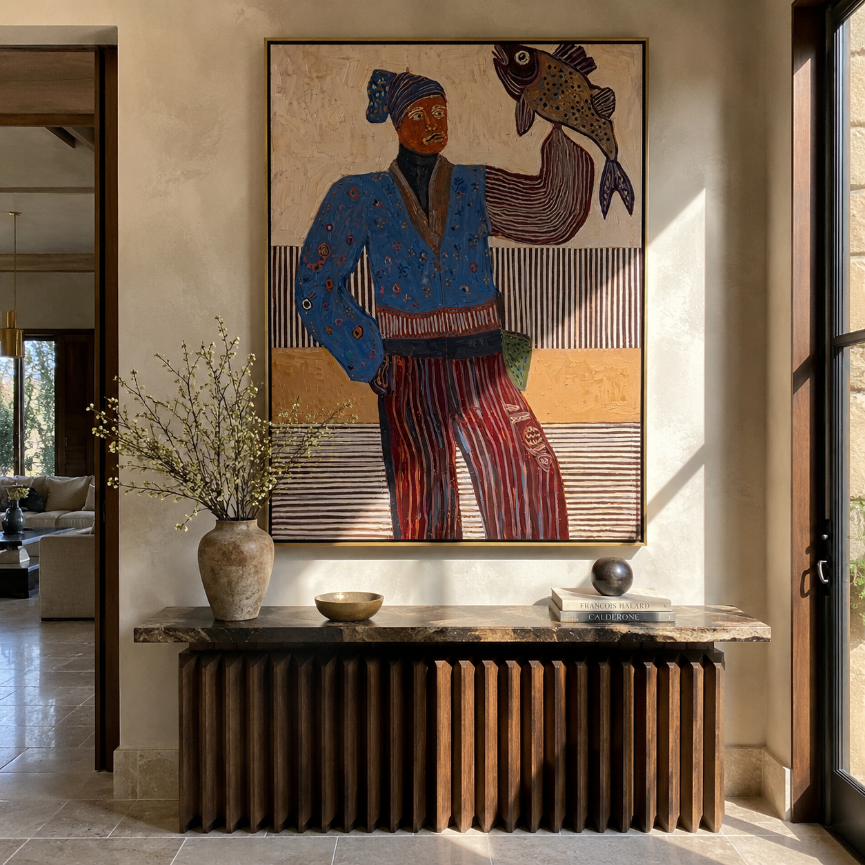 Blue Fisher Raises Catch - fisherwoman with fish painting by Elliot Vale, modern figurative vertical wall art - styled room scene view 1