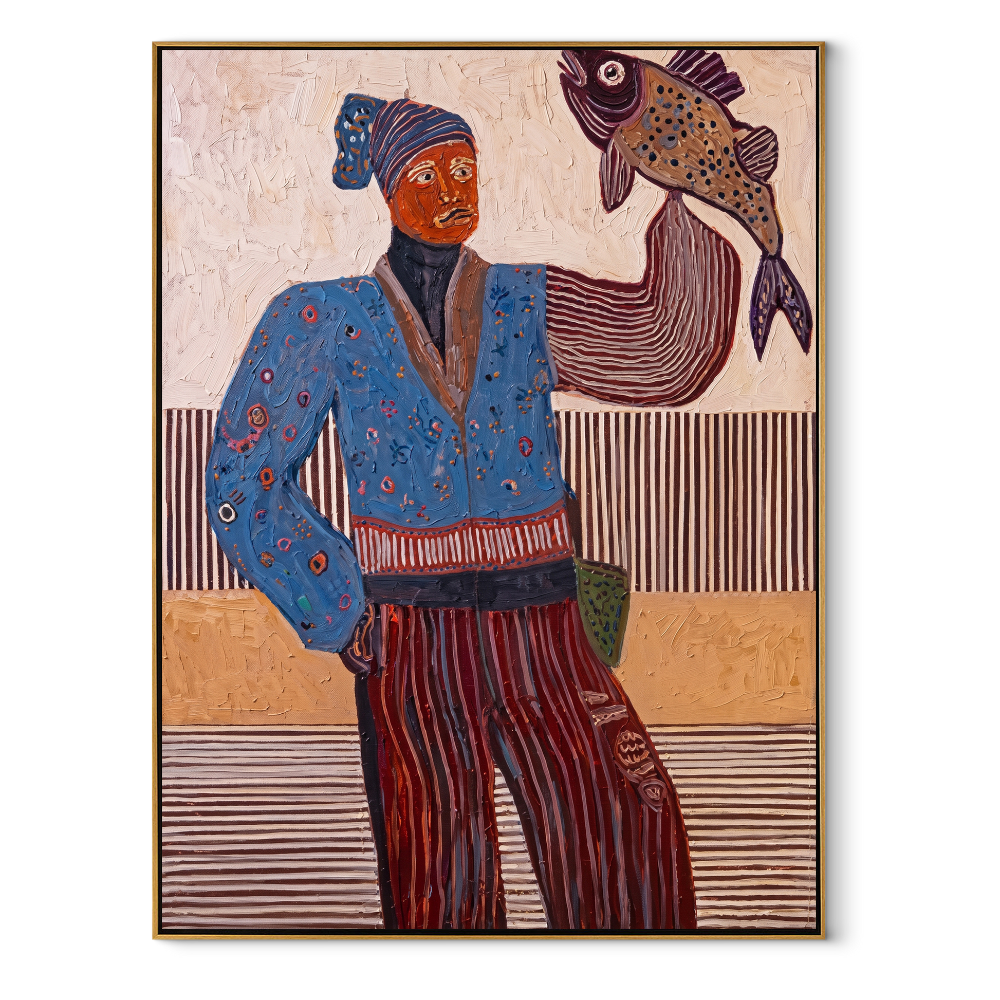 Blue Fisher Raises Catch - fisherwoman with fish painting by Elliot Vale, modern figurative vertical wall art - framed artwork on white background
