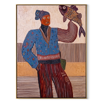 Blue Fisher Raises Catch - fisherwoman with fish painting by Elliot Vale, modern figurative vertical wall art - framed artwork on white background