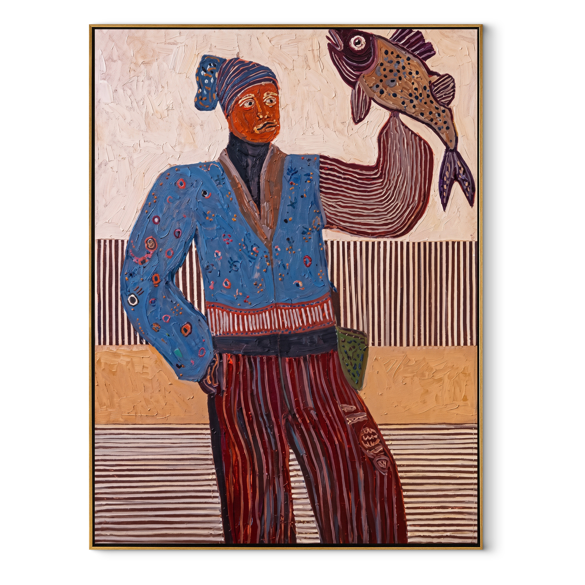 Blue Fisher Raises Catch - fisherwoman with fish painting by Elliot Vale, modern figurative vertical wall art - framed artwork on white background
