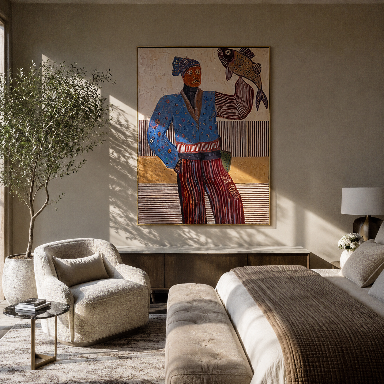 Blue Fisher Raises Catch - fisherwoman with fish painting by Elliot Vale, modern figurative vertical wall art - styled room scene view 2