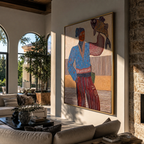 Blue Fisher Raises Catch - fisherwoman with fish painting by Elliot Vale, modern figurative vertical wall art - styled room scene view 3
