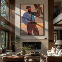Blue Fisher Raises Catch - fisherwoman with fish painting by Elliot Vale, modern figurative vertical wall art - styled room scene view 4
