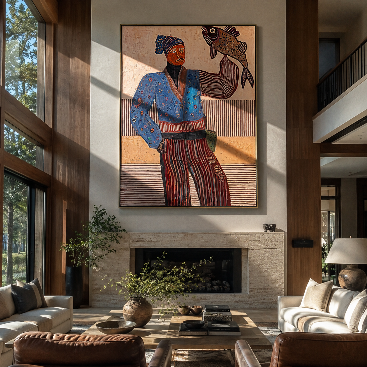 Blue Fisher Raises Catch - fisherwoman with fish painting by Elliot Vale, modern figurative vertical wall art - styled room scene view 4