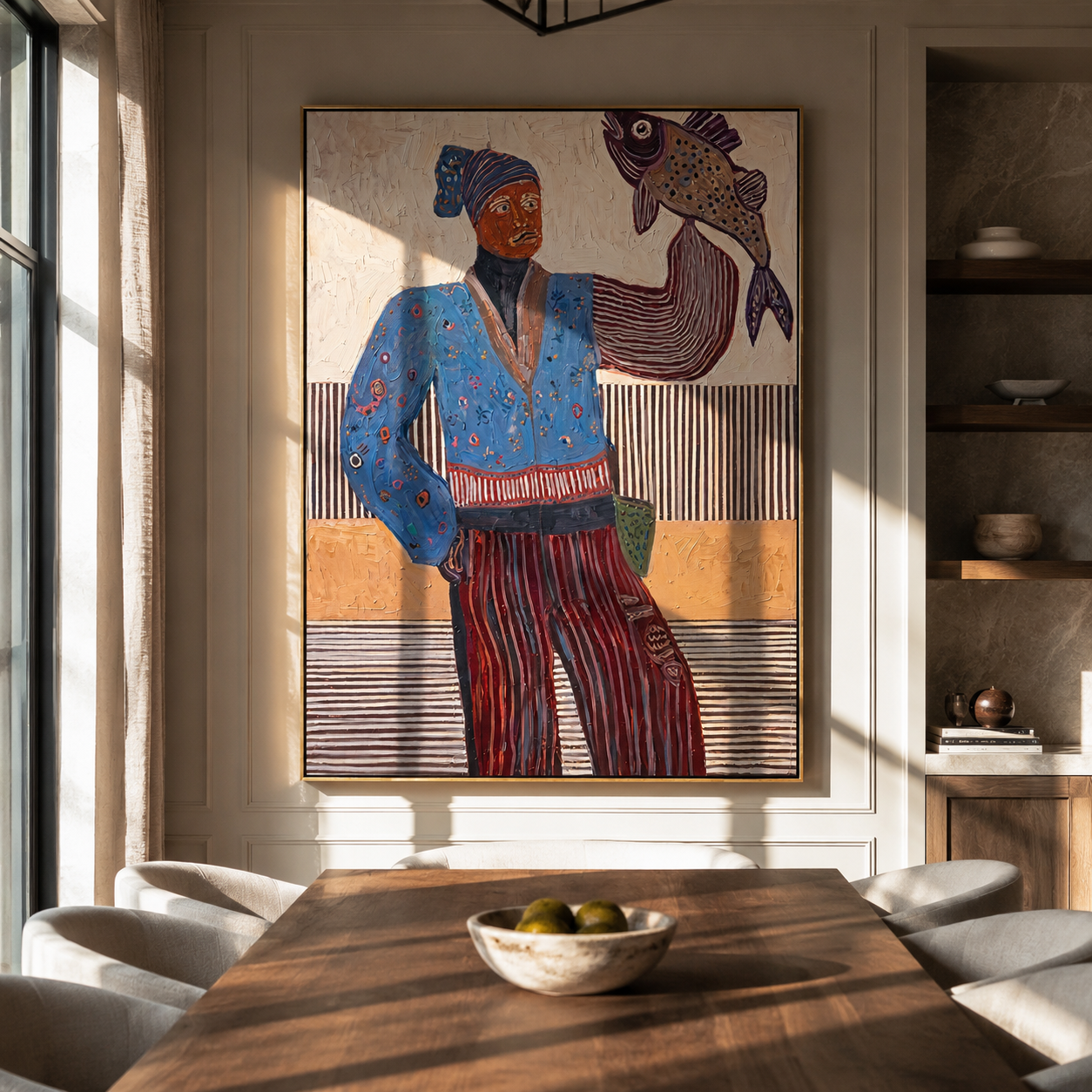 Blue Fisher Raises Catch - fisherwoman with fish painting by Elliot Vale, modern figurative vertical wall art - styled room scene view 5