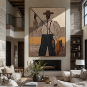Tall Fisher Holds Line - fisherman with rod painting by Elliot Vale, modern figurative vertical wall art - styled room scene view 1