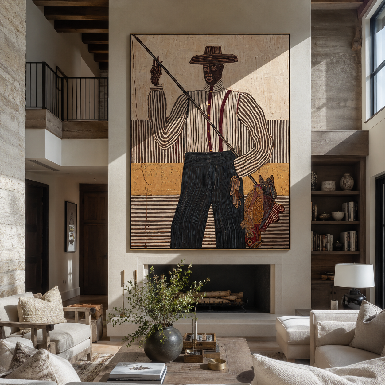 Tall Fisher Holds Line - fisherman with rod painting by Elliot Vale, modern figurative vertical wall art - styled room scene view 1