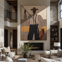Tall Fisher Holds Line - fisherman with rod painting by Elliot Vale, modern figurative vertical wall art - styled room scene view 1